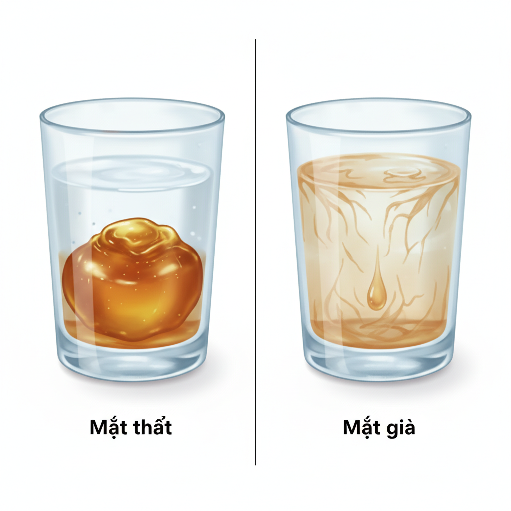 Minh họa thử nghiệm mật ong trong nước lạnh: mật nguyên chất chìm đáy không tan, mật giả tan loang màu.
