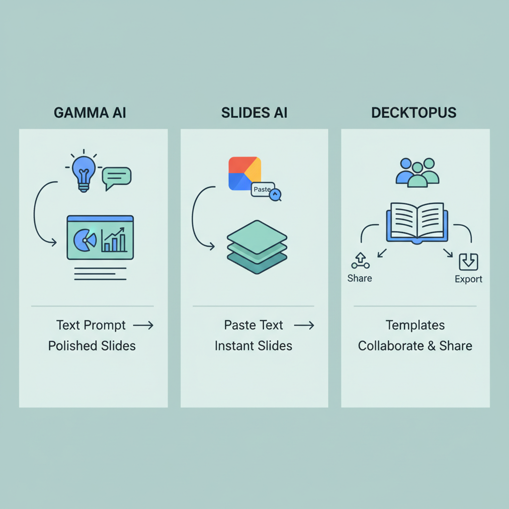 Side-by-side diagram illustrating the core workflows of Gamma AI (prompt-to-presentation), Slides AI (Google Slides integration), and Decktopus (team collaboration).