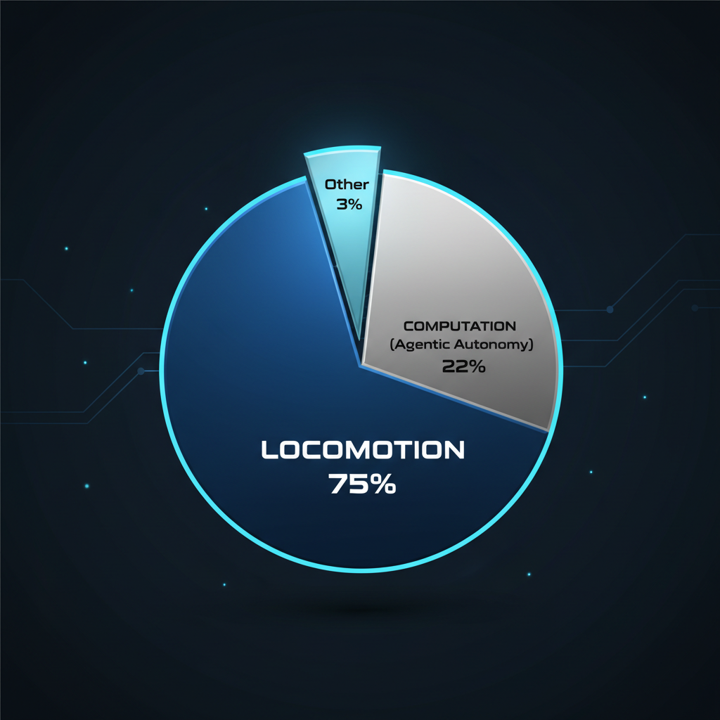 Pie chart showing energy breakdown: over 70% locomotion, 20-25% computation, rest other.