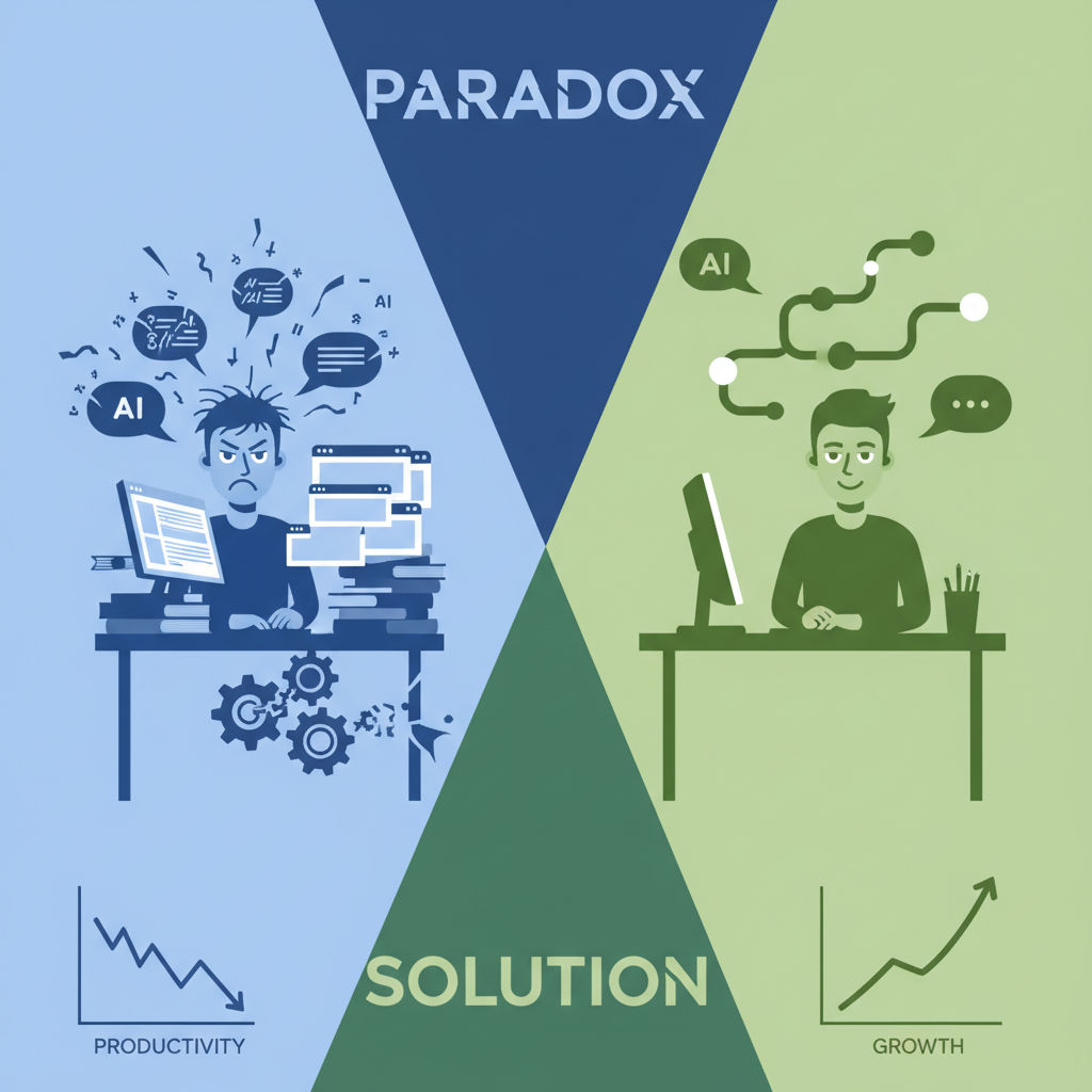 Conceptual illustration contrasting chaotic AI tool usage with a smooth integrated workflow.