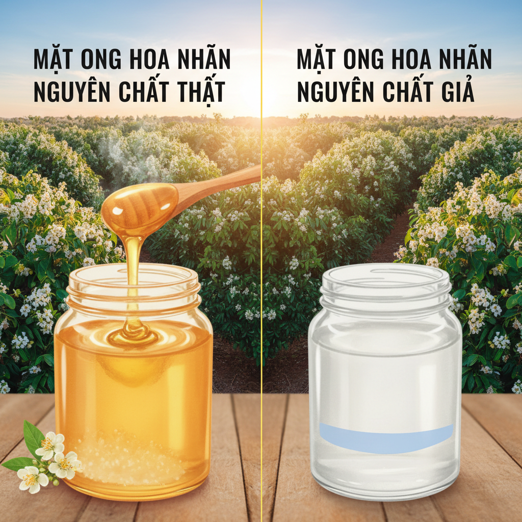 Minh họa so sánh đặc điểm mật ong hoa nhãn nguyên chất thật và giả.