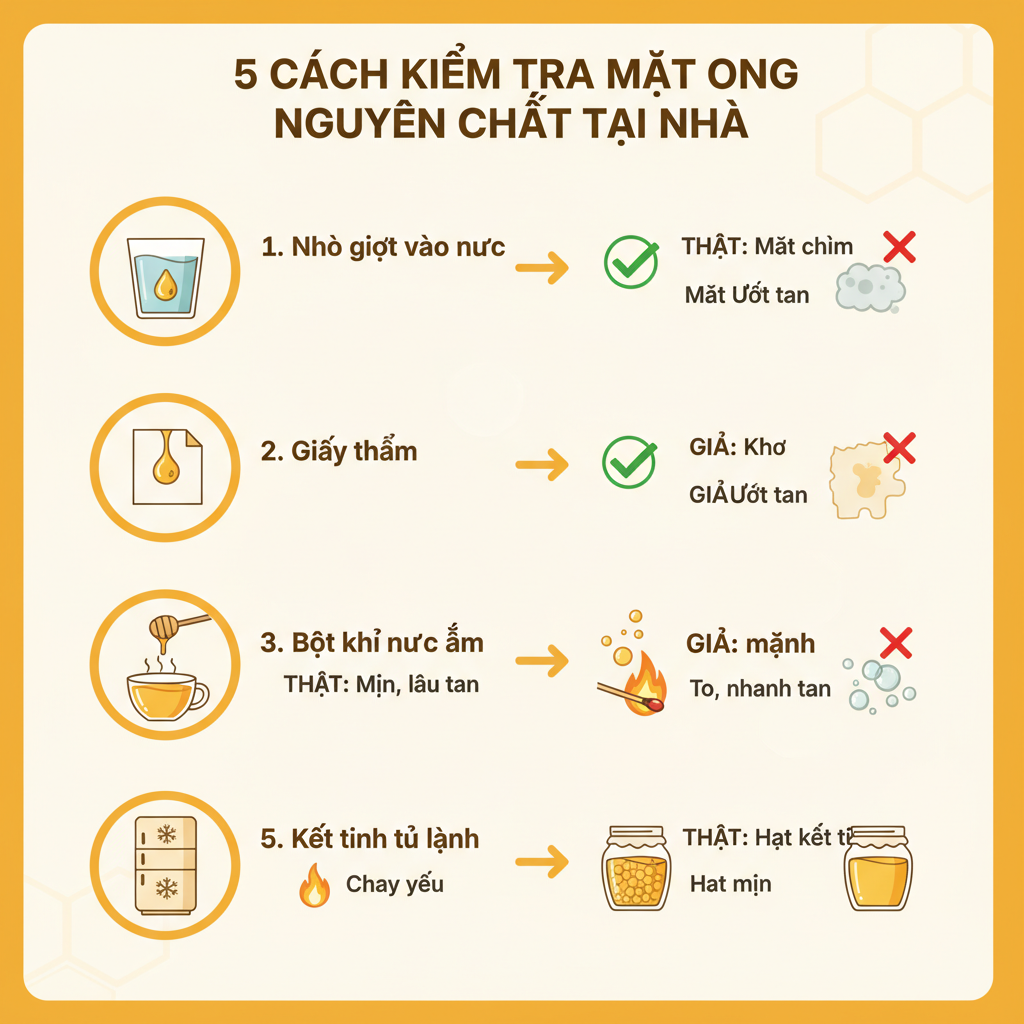 Sơ đồ 5 cách kiểm tra mật ong nguyên chất thật giả tại nhà.
