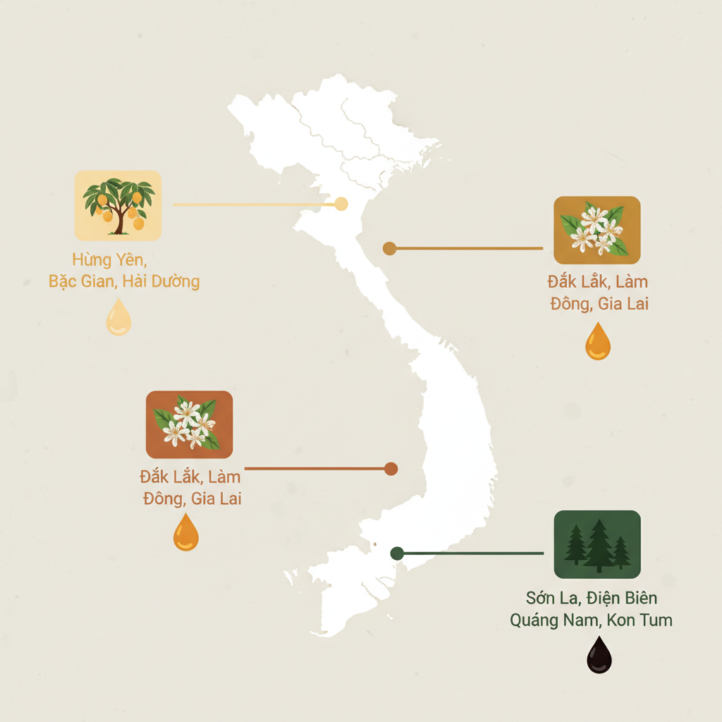 Bản đồ Việt Nam minh họa nguồn gốc các loại mật ong hoa phổ biến