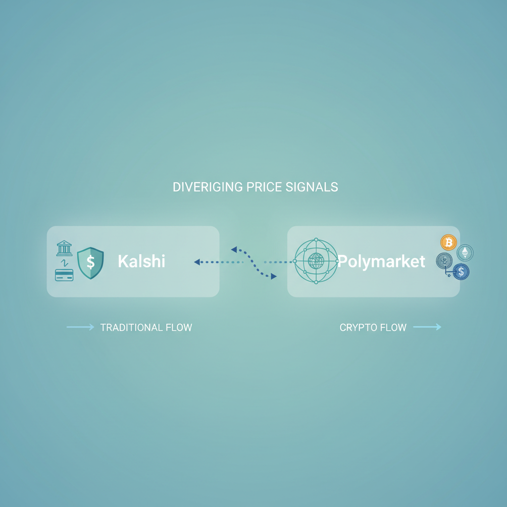 Conceptual illustration of Kalshi and Polymarket as two parallel platforms with different regulatory and user characteristics producing separate price signals