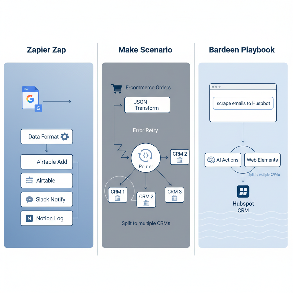 Side-by-side diagram of example workflows: Zapier multi-step Zap, Make complex scenario, and Bardeen AI playbook.