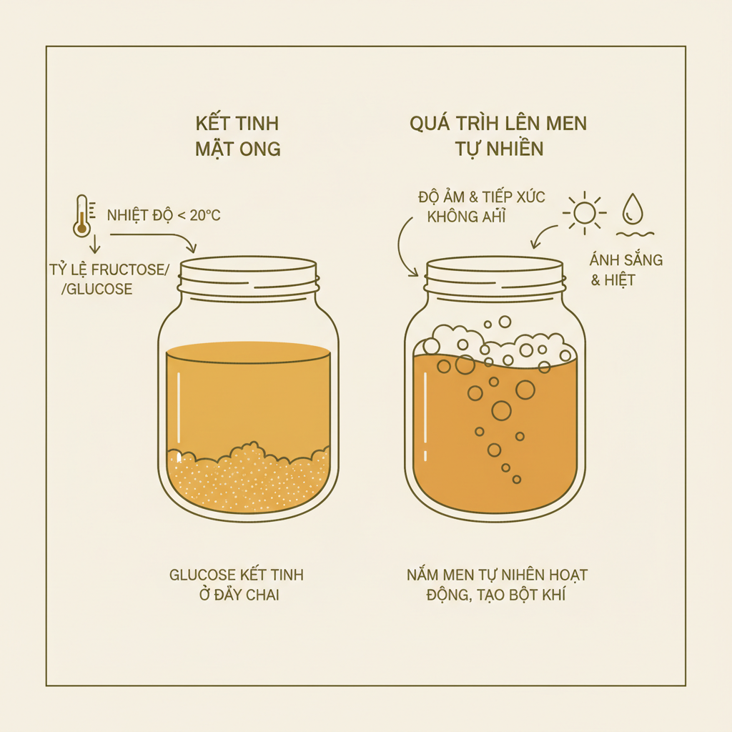 Sơ đồ minh họa quá trình kết tinh và lên men của mật ong hoa nhãn