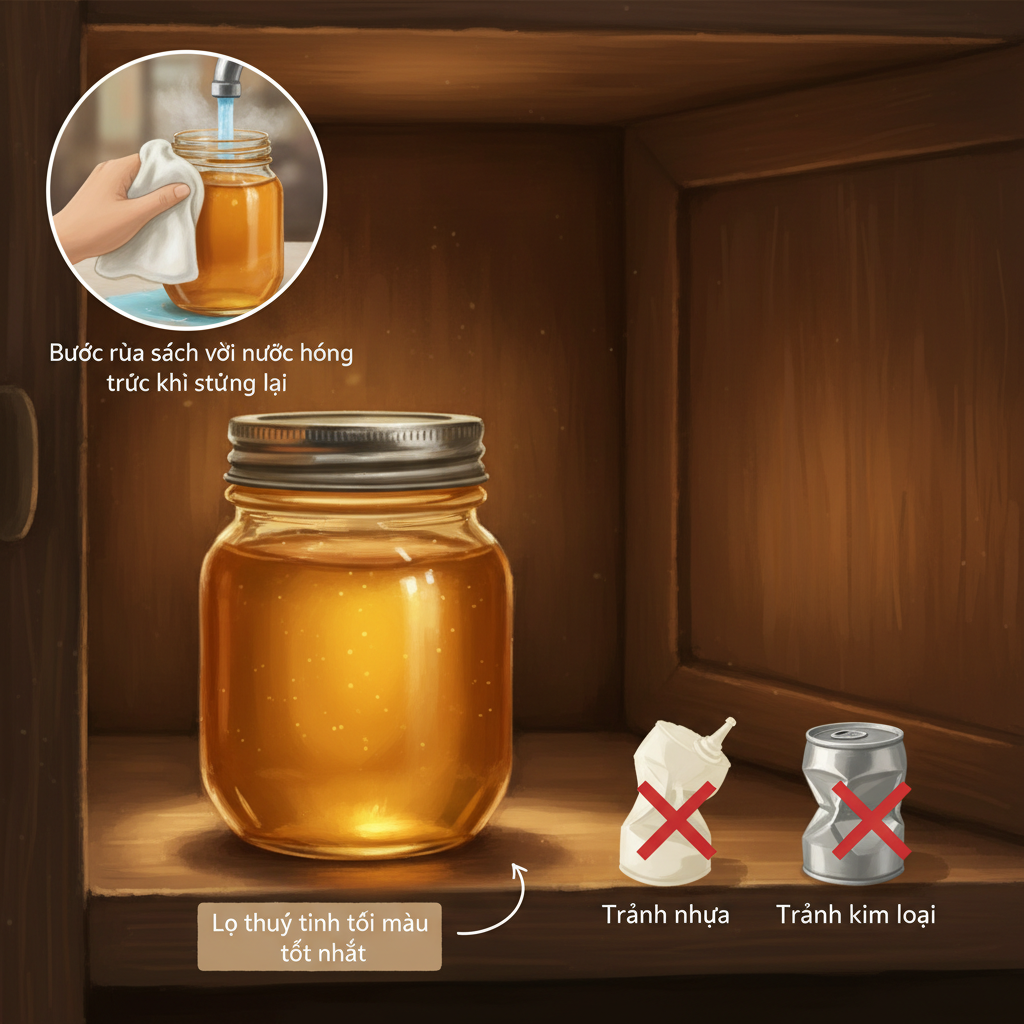 Hình minh họa dụng cụ bảo quản mật ong lý tưởng: lọ thủy tinh tối màu