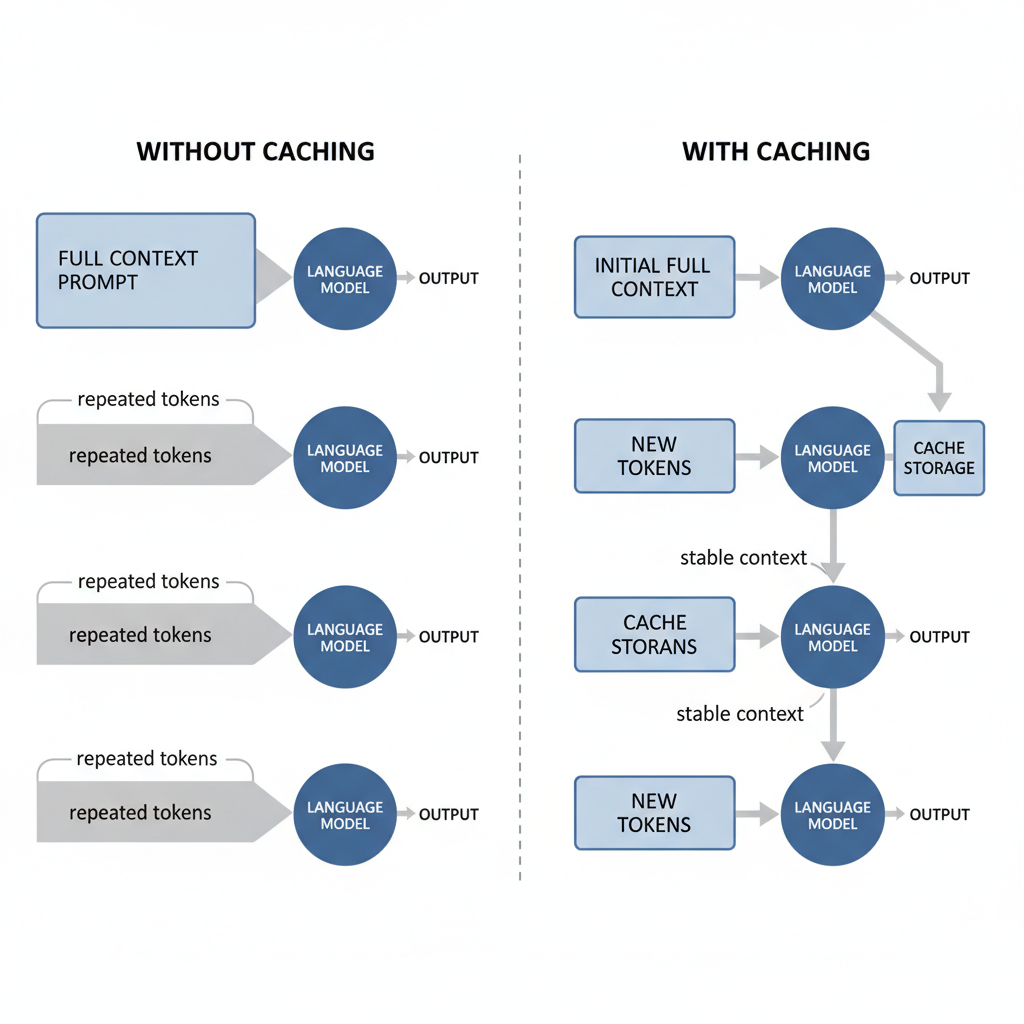 Diagram comparing prompt flow with and without caching, showing reduced token transmission when using cache