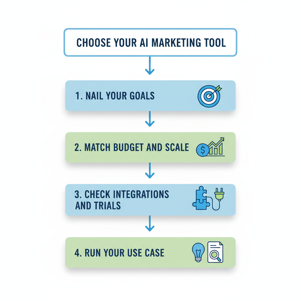 Flowchart diagram illustrating the 4-step process for selecting the best AI marketing tool.