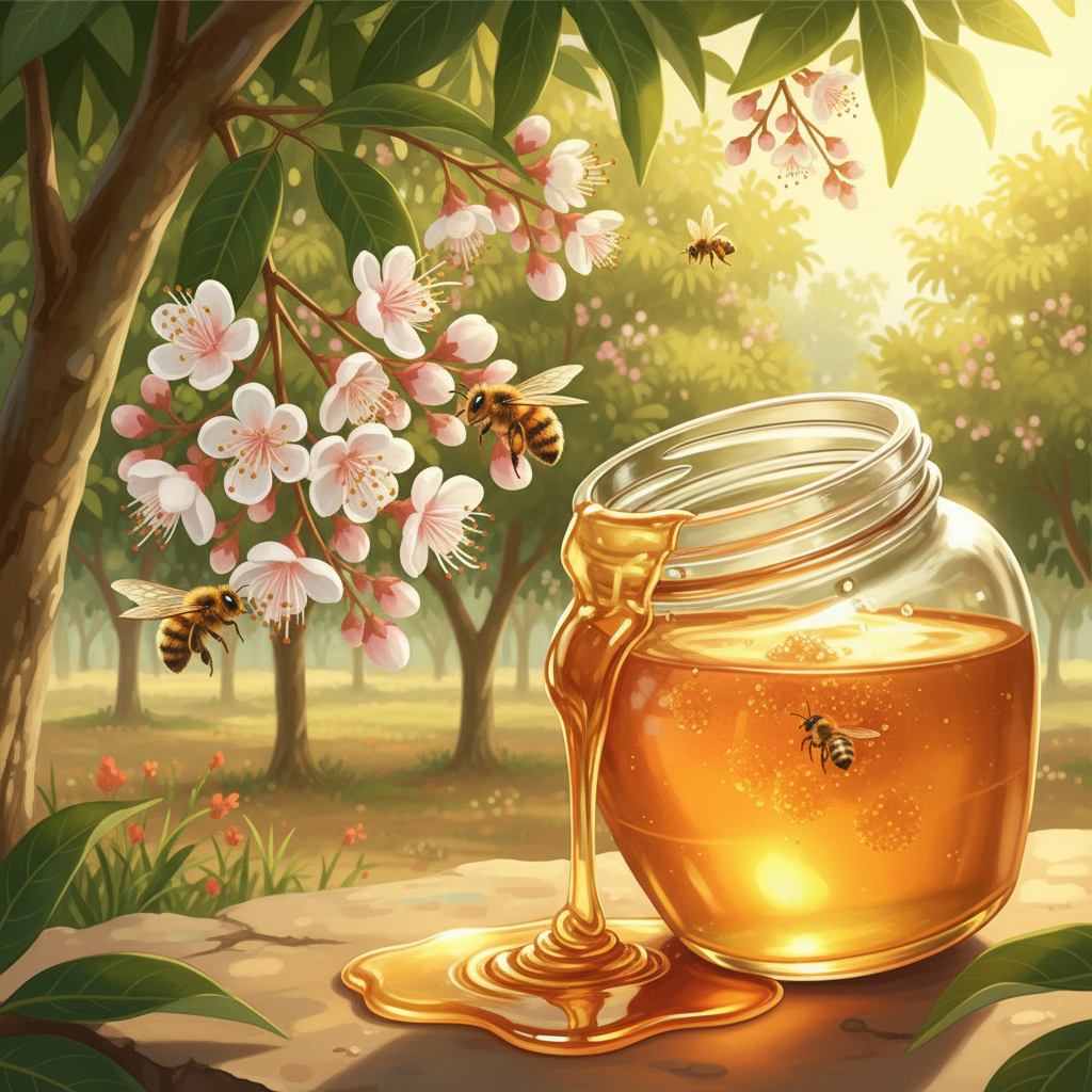 Hình minh họa mật ong hoa nhãn từ hoa nhãn với ong lấy mật và lọ mật ong đặc sánh.