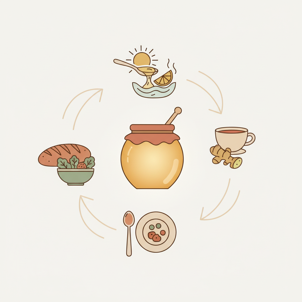 Sơ đồ minh họa các cách sử dụng mật ong hoa nhãn hàng ngày qua các biểu tượng.