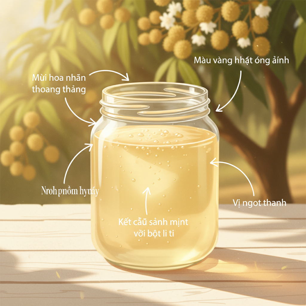 Hình minh họa đặc điểm nhận biết mật ong hoa nhãn nguyên chất: màu sắc, mùi hương, kết cấu và vị giác.