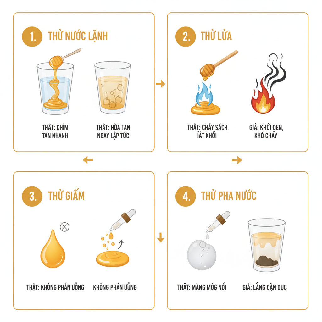 Sơ đồ 4 bước kiểm tra mật ong thật giả tại nhà: nước lạnh, lửa, giấm, pha loãng.