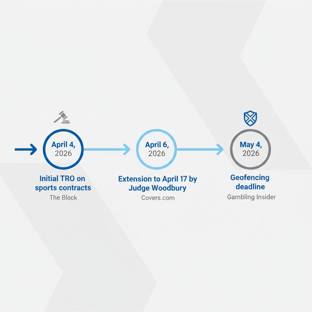Timeline diagram of Nevada judge's ban extension on Kalshi, key dates from April 4 to May 4, 2026.