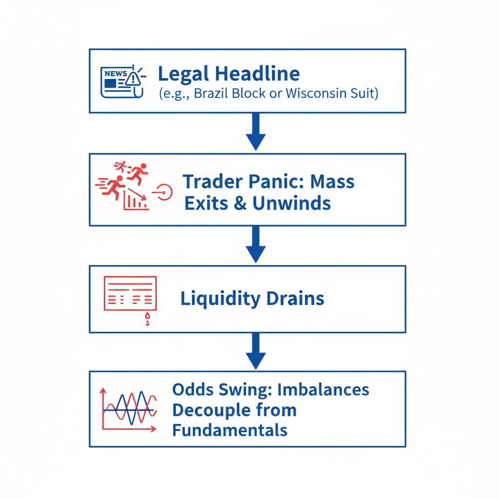 Flowchart diagram illustrating how legal challenges lead to odds volatility in Polymarket: from news headlines to trader reactions, liquidity drops, and swinging odds.