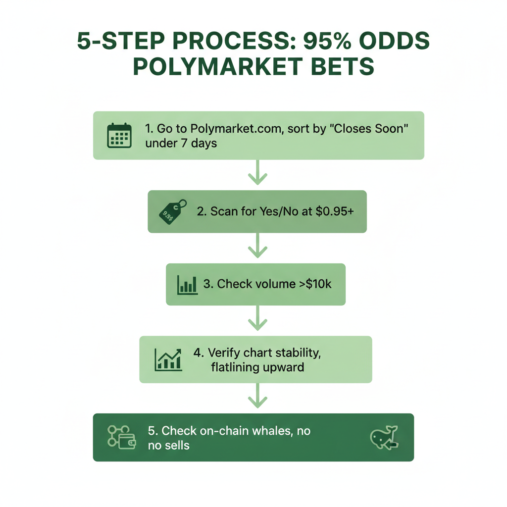 Flowchart diagram of the 5 steps to identify high-probability 95%+ odds bets on Polymarket.
