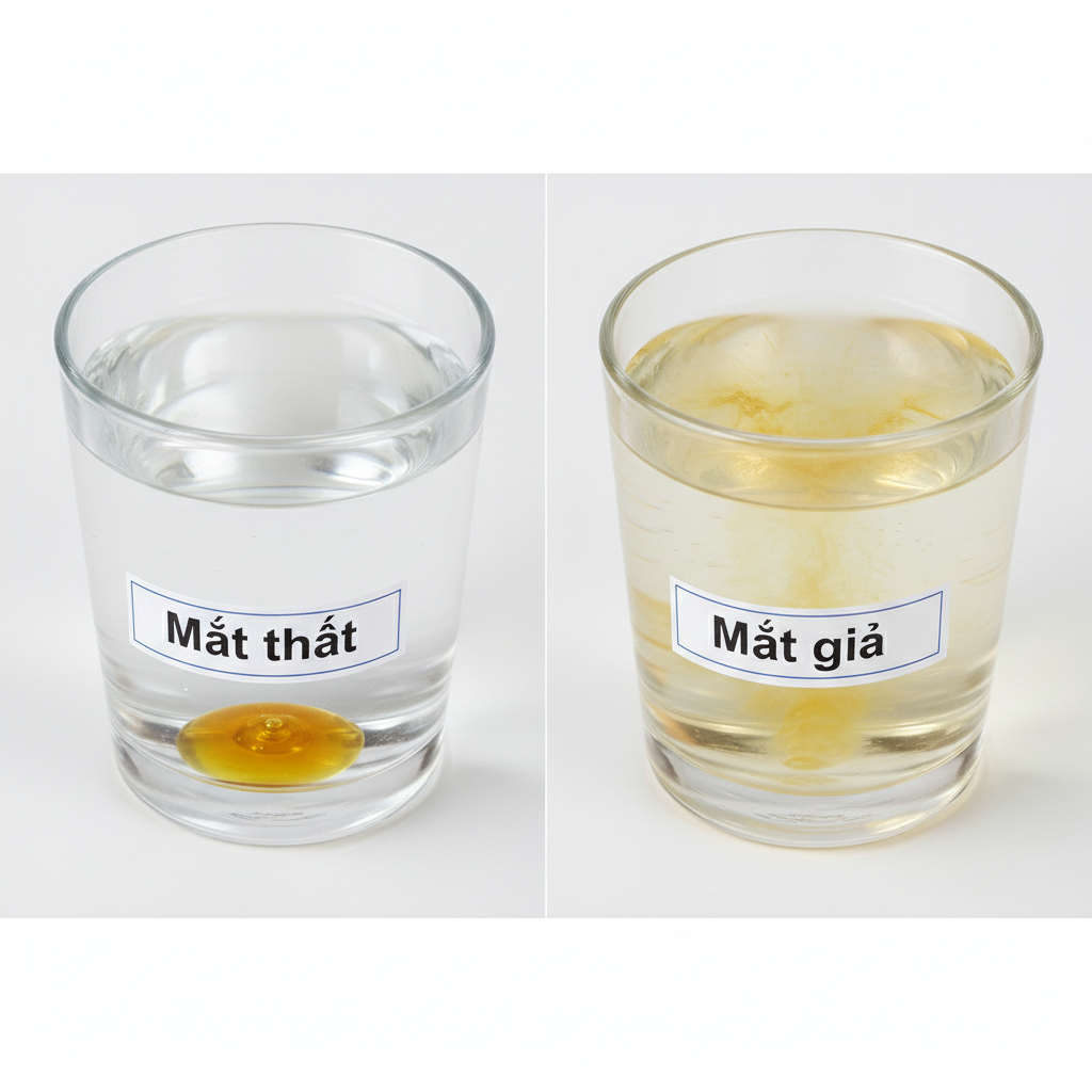 Minh họa so sánh thử nghiệm mật ong thật chìm cục và mật giả tan trong nước.