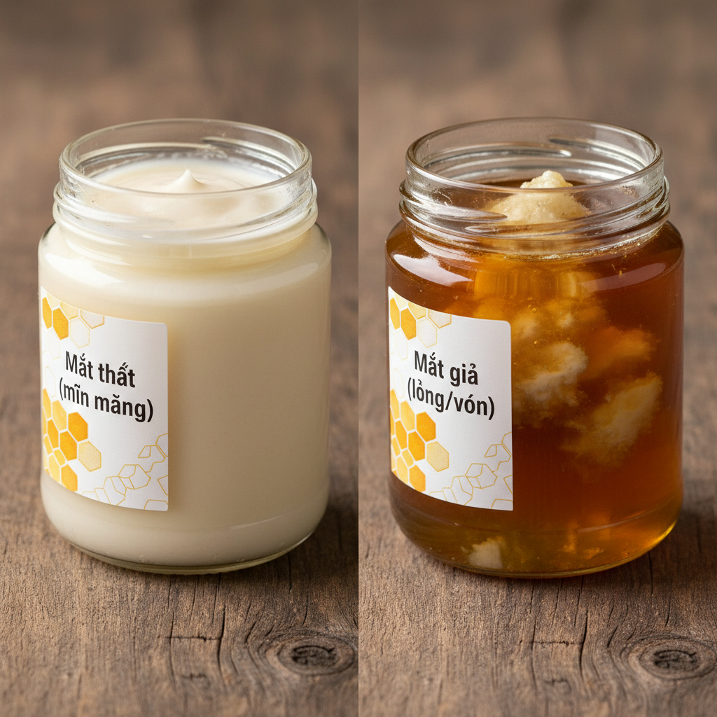 So sánh mật ong thật kết tinh mịn và mật giả lỏng sau khi để tủ lạnh.