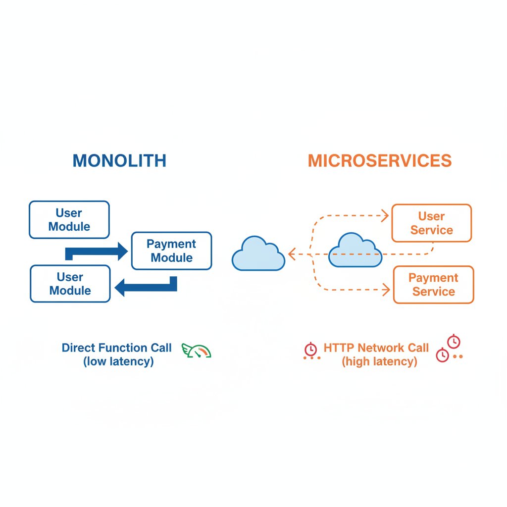 Diagram contrasting low-latency direct calls in a monolith versus high-latency network calls in microservices.