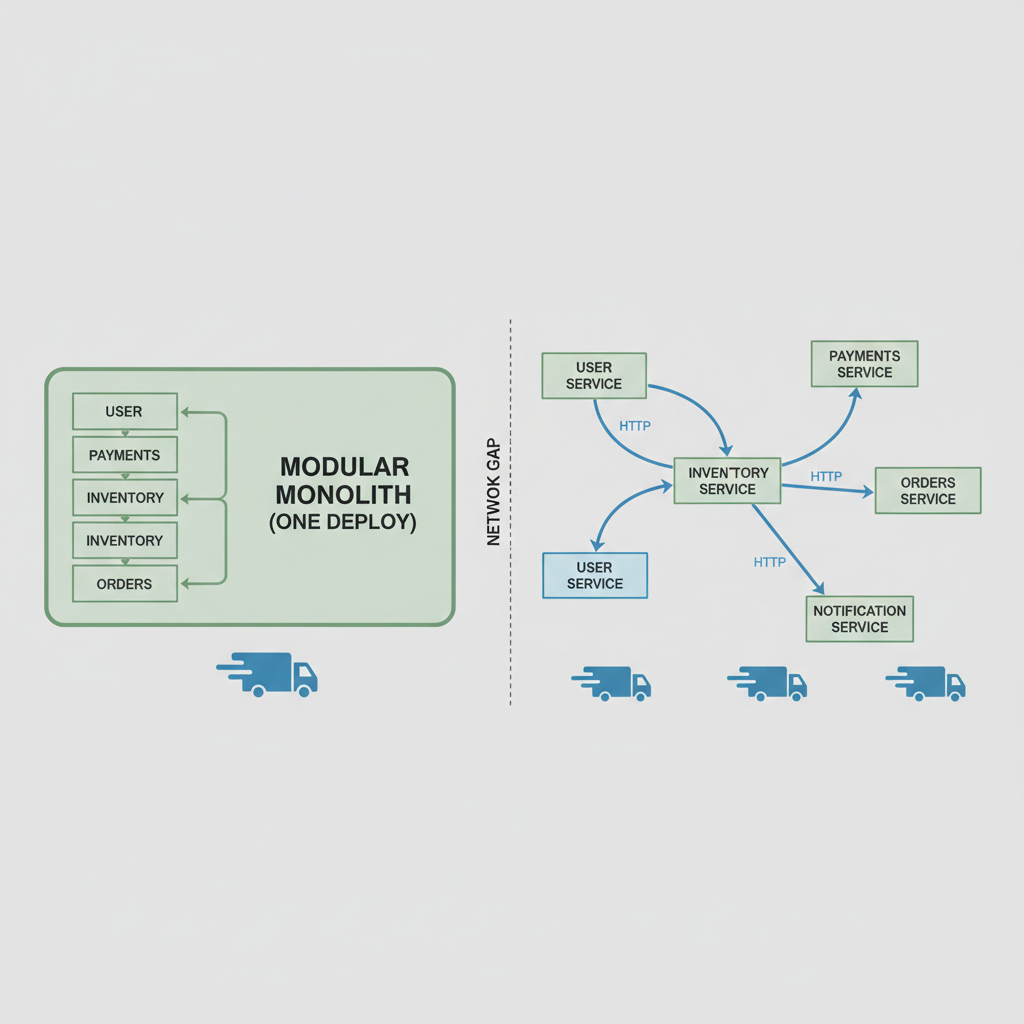 Diagram of modular monolith (internal modules in one app) versus microservices (separate networked services).