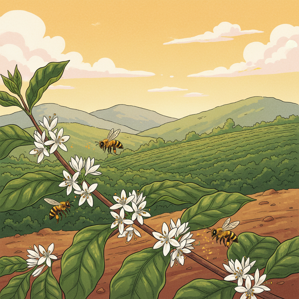 Minh họa ong mật hút phấn hoa cà phê trên cánh đồng Tây Nguyên.