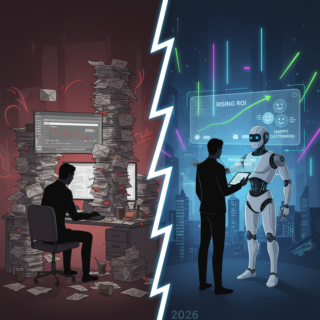 Split illustration showing the contrast between manual marketing chaos and AI-powered marketing success.