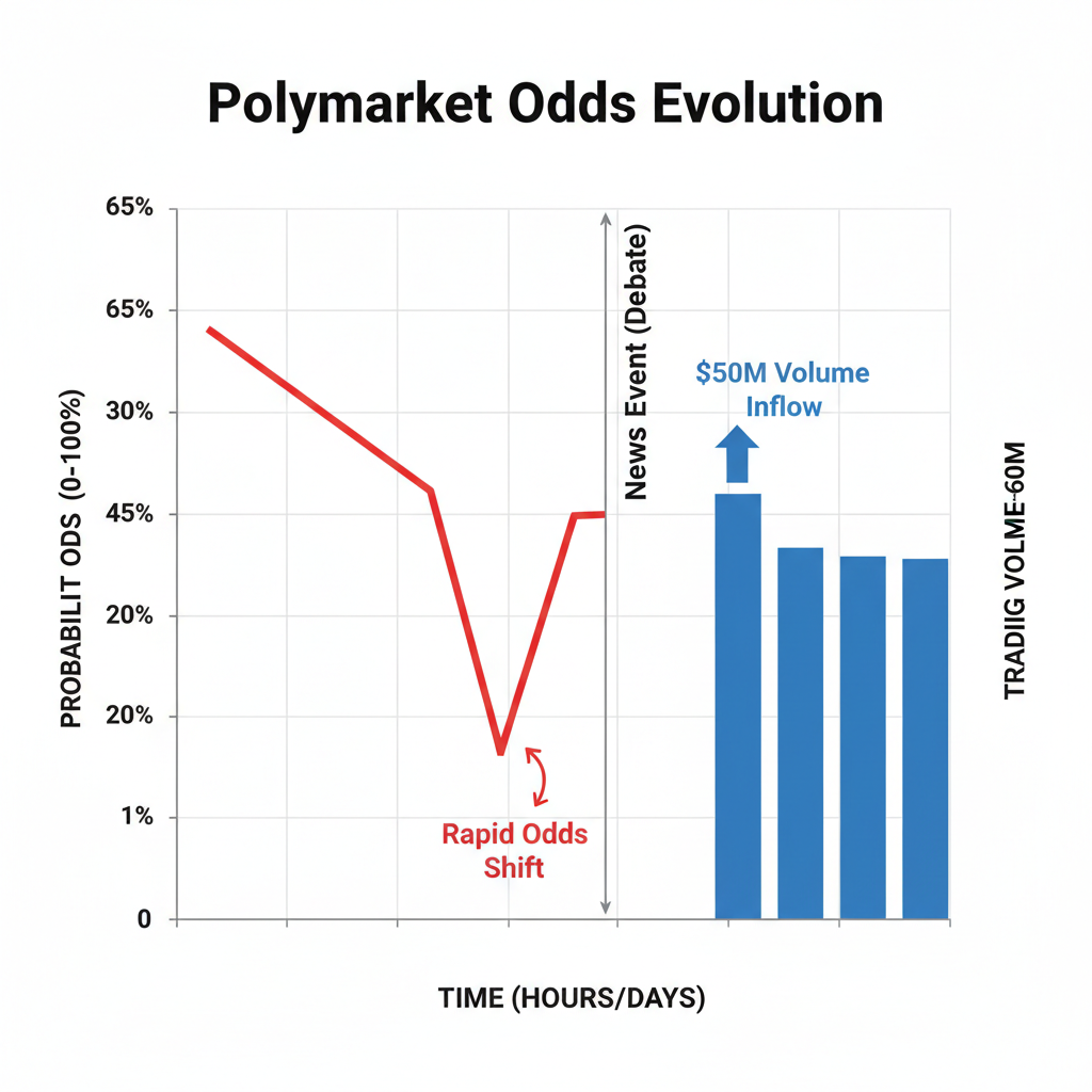 Diagram of volume spike causing prediction market odds to shift from 65% to 45% overnight.