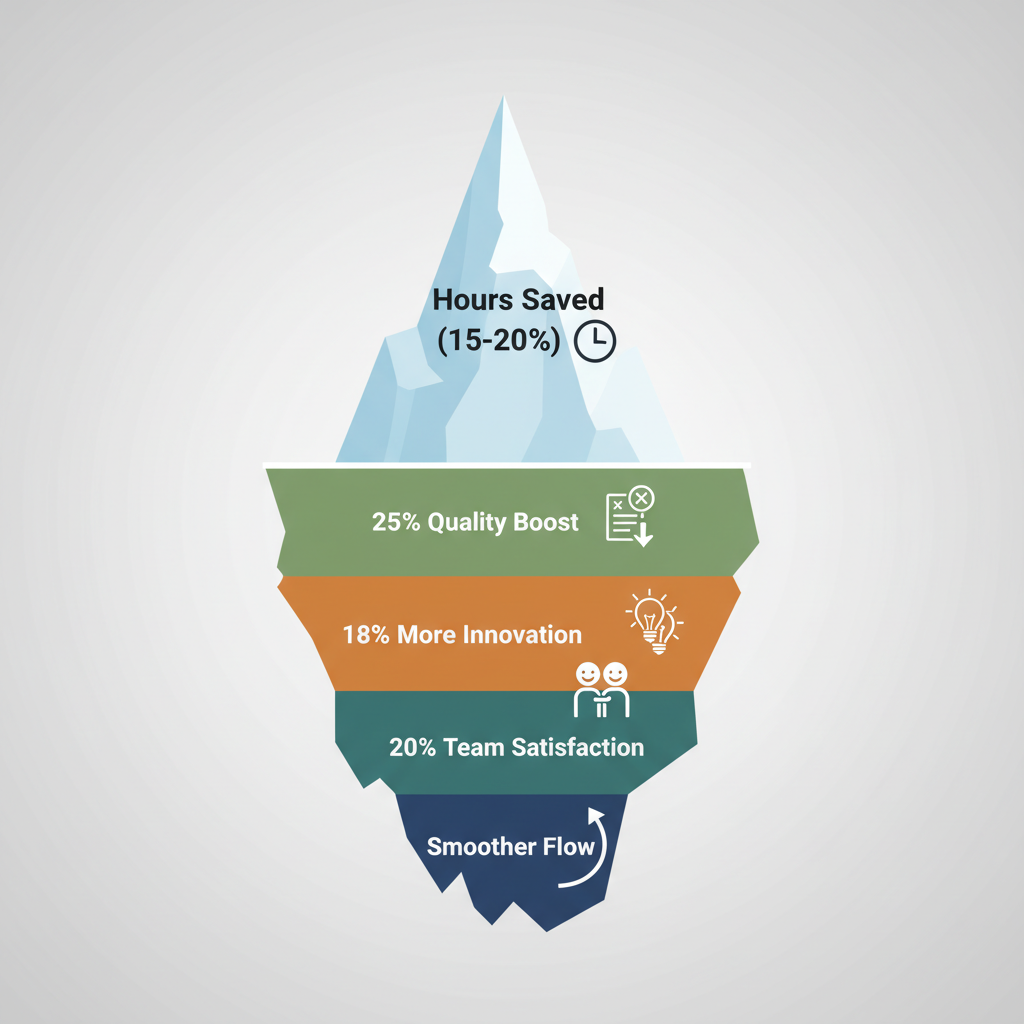 Conceptual iceberg diagram showing 'hours saved' as the visible tip, with larger hidden gains in quality, innovation, and team dynamics below.