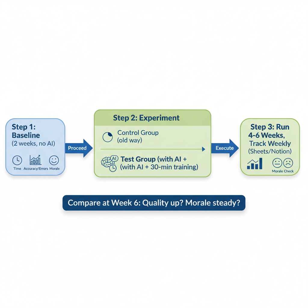 Flowchart diagram of the three-step process for running AI team experiments: baseline, split groups, track and compare.