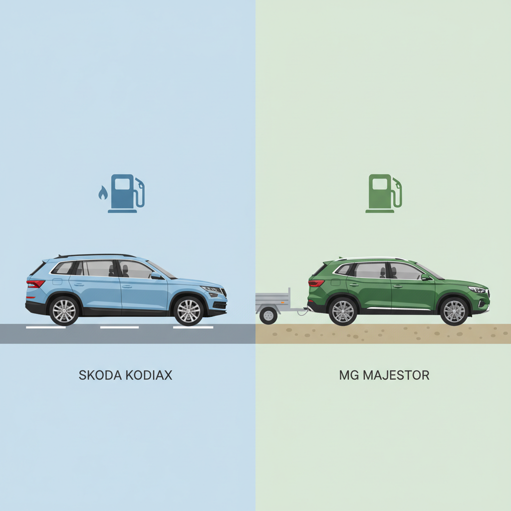 Side-by-side illustration comparing the Skoda Kodiaq petrol SUV on highway versus MG Majestor diesel SUV with towing capability