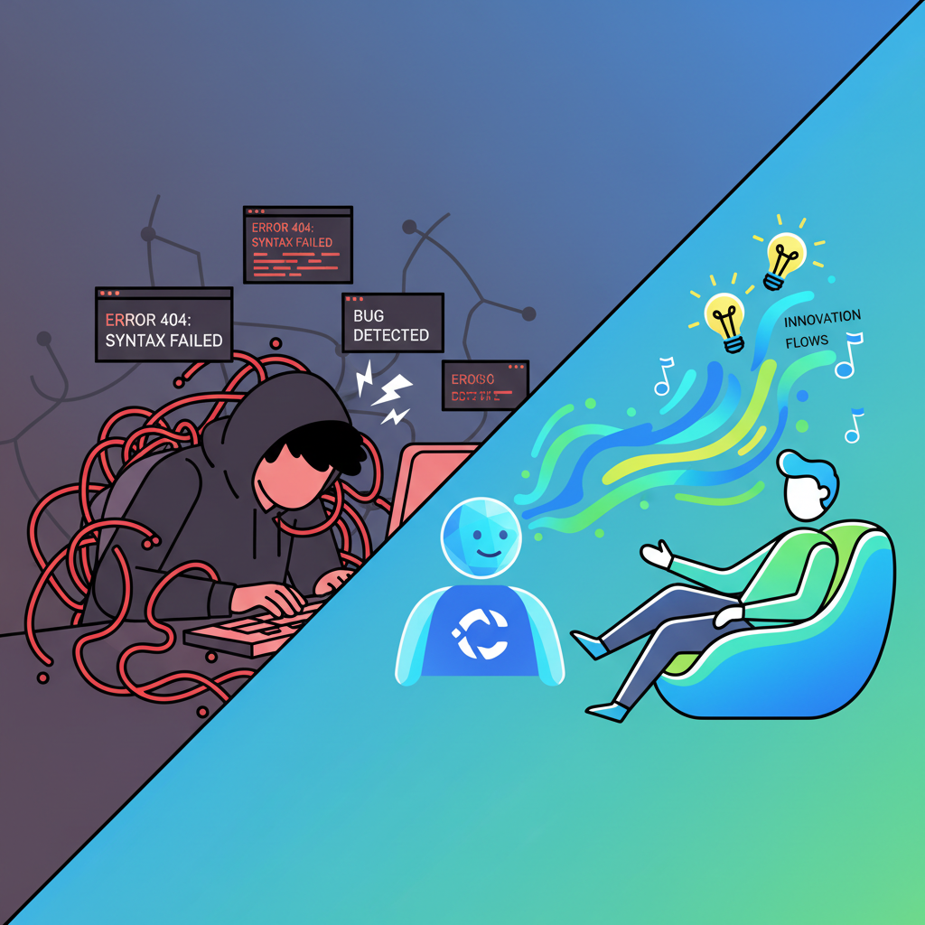 Split-scene illustration contrasting the grind of traditional coding on the left with the intuitive flow of vibecoding on the right.