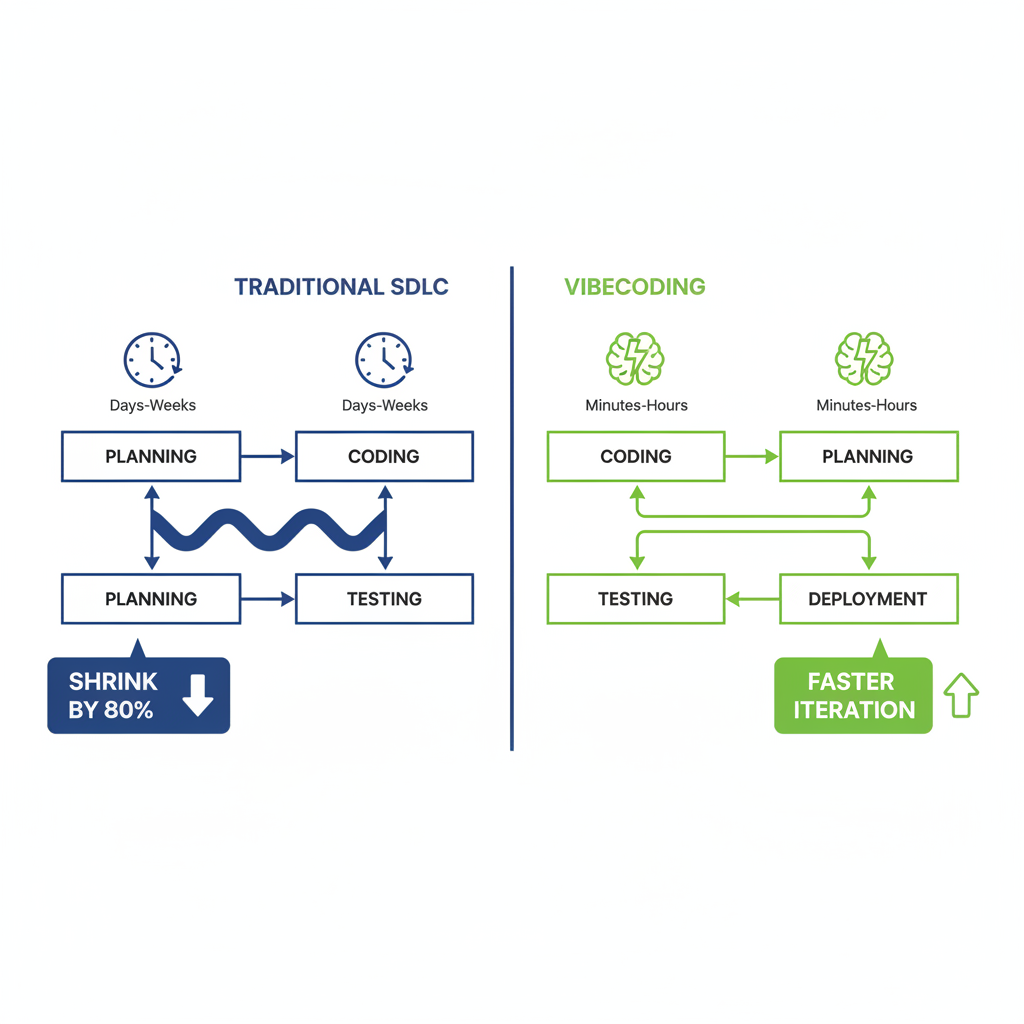 Side-by-side flowchart diagram of traditional versus vibecoding SDLC stages, showing dramatic time compression.
