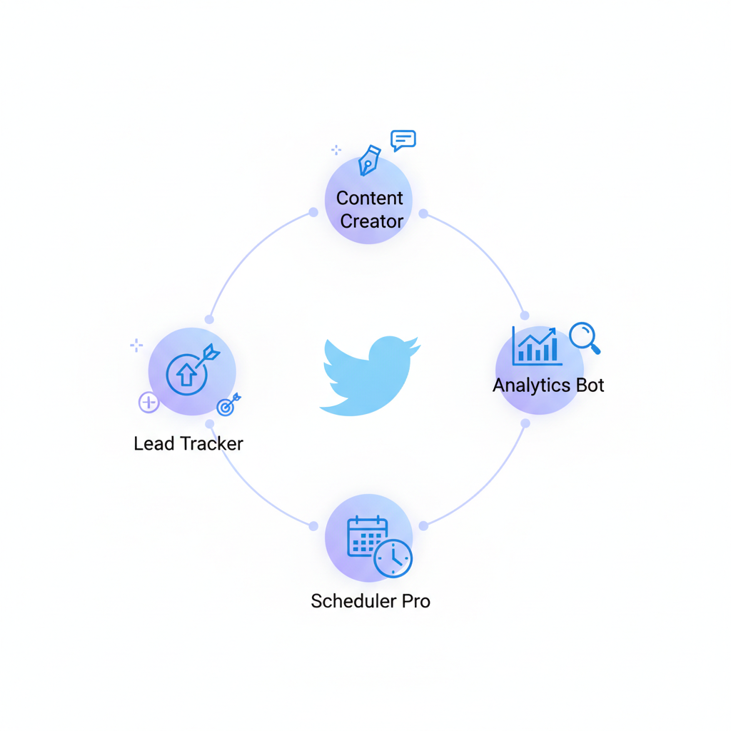 Conceptual illustration of four AI Twitter management tools connected to a central Twitter icon, highlighting content, analytics, scheduling, and tracking features.