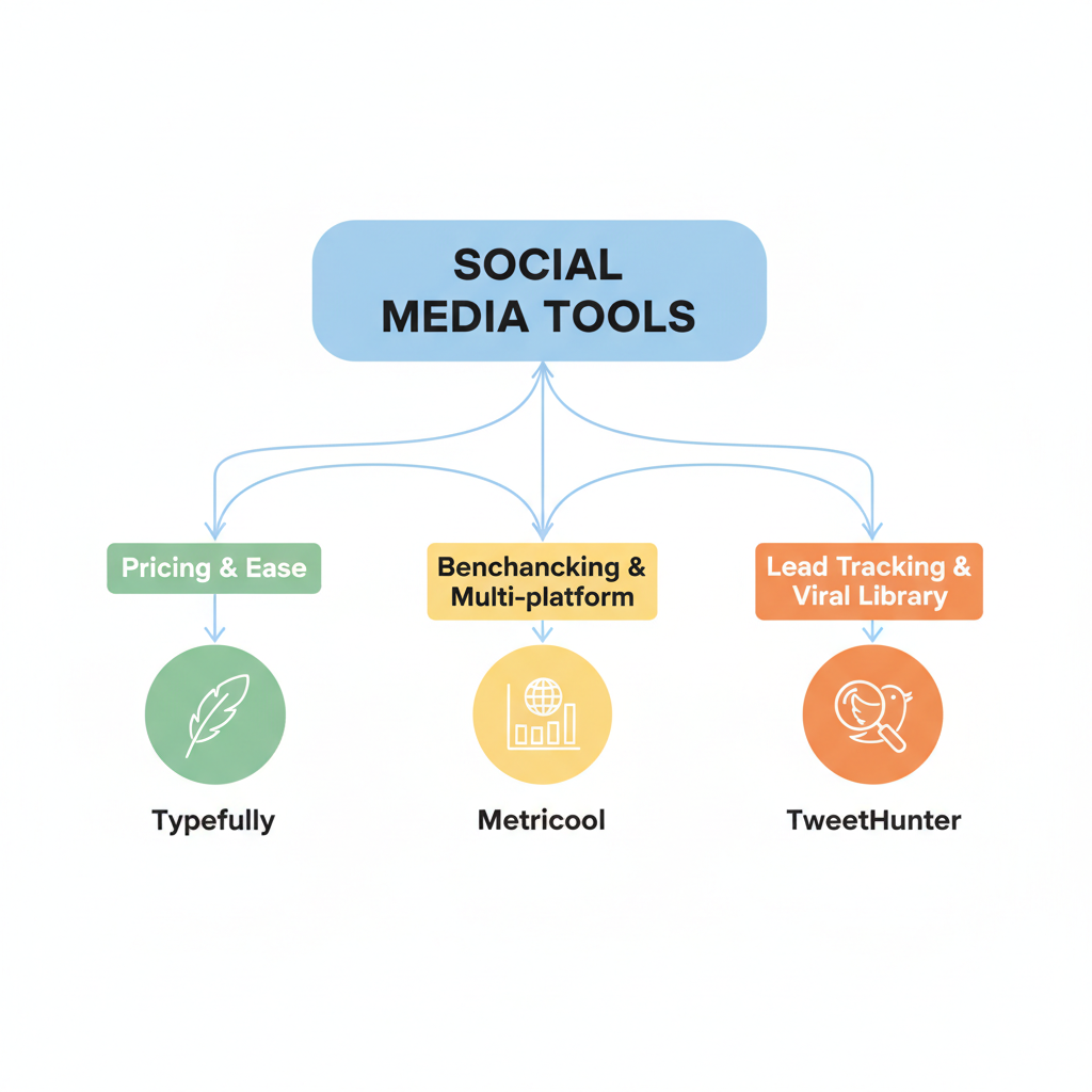 Illustration of a simple decision tree helping users choose between Typefully, Metricool, and TweetHunter based on their primary needs.
