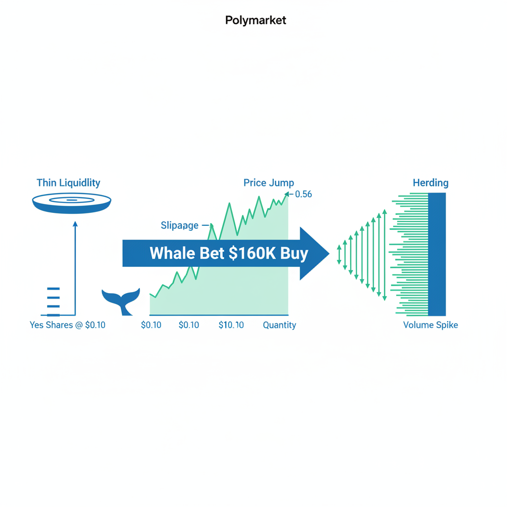 Diagram illustrating how a $160K whale bet causes price surge in a thin Polymarket liquidity pool due to slippage and herding.