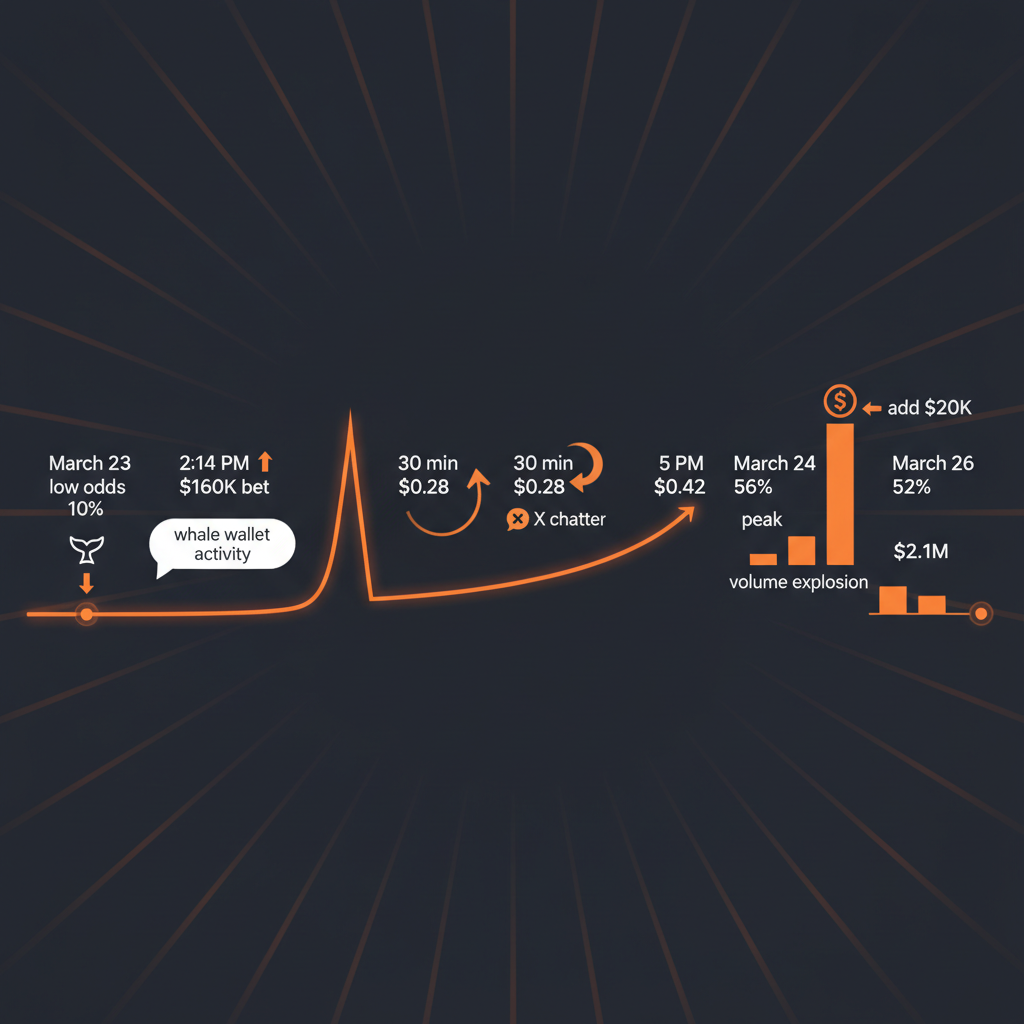 Timeline diagram of the ceasefire odds surge from 10% to 56% triggered by the $160K whale bet.