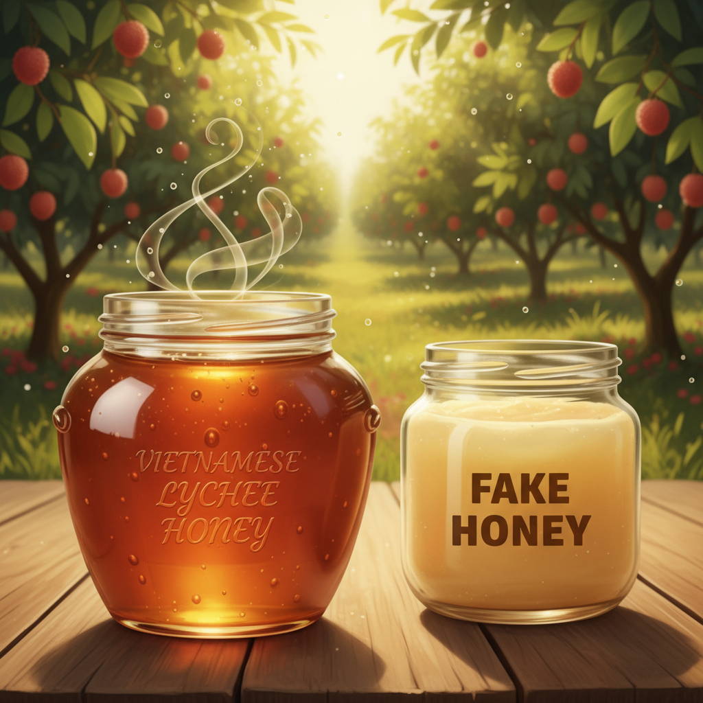 Hình minh họa đặc điểm nổi bật của mật ong hoa nhãn nguyên chất so sánh với mật giả.