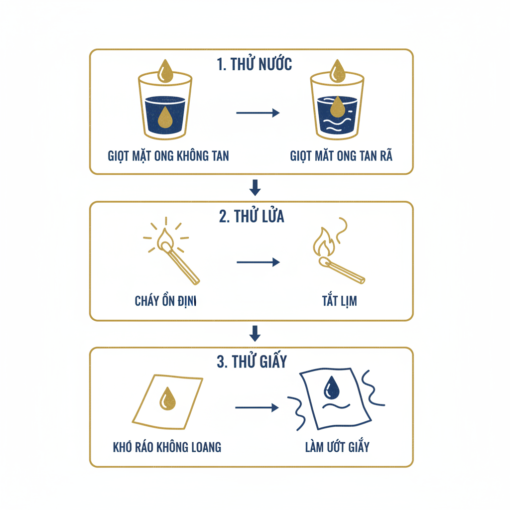Sơ đồ minh họa ba phương pháp kiểm tra mật ong nguyên chất tại nhà.