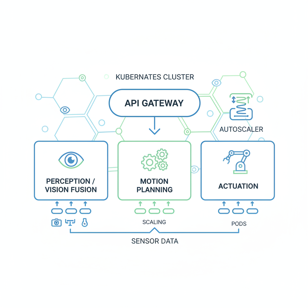 Diagram of microservices architecture for humanoid robotics backend, showing perception, motion planning, and actuation services scaling independently.