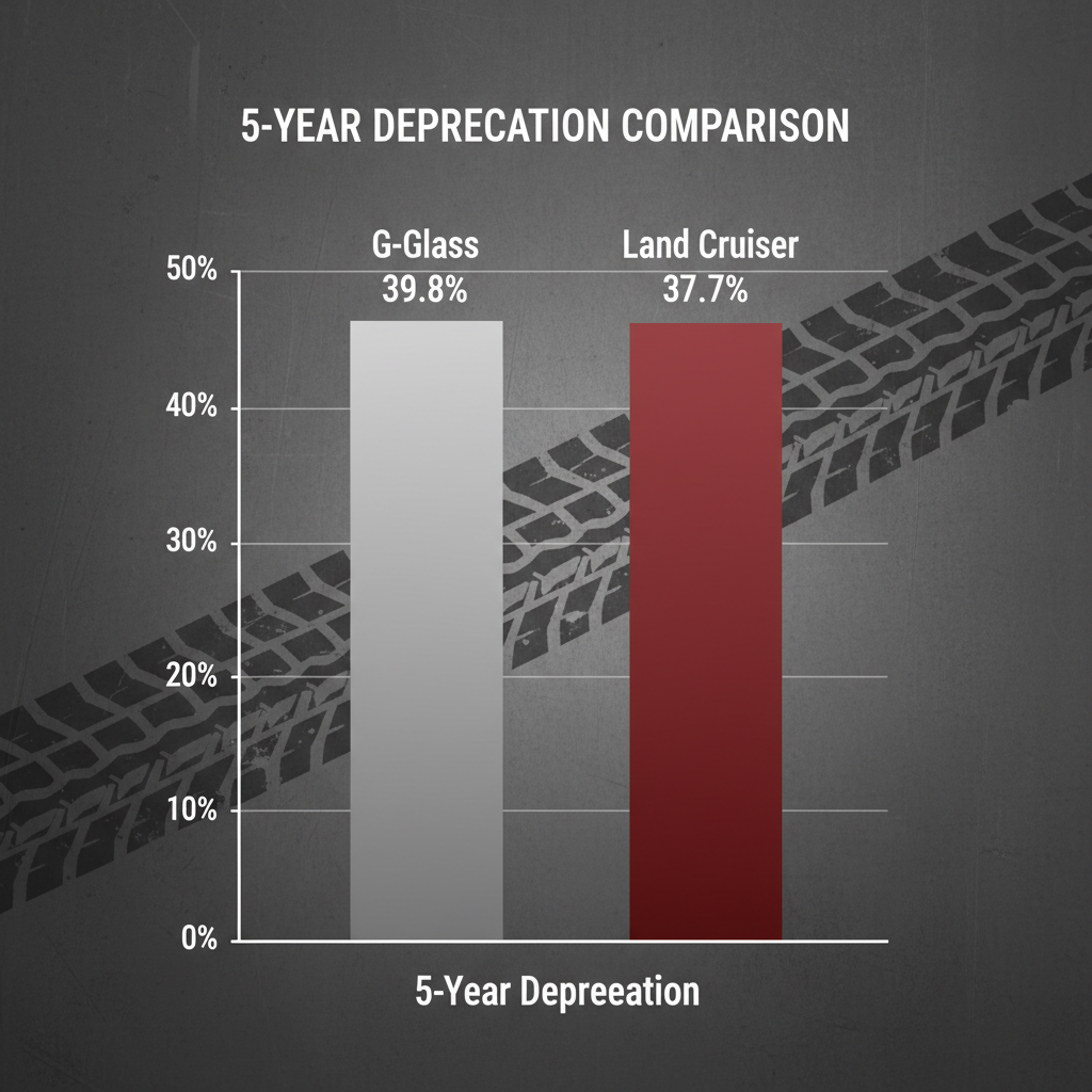 Bar chart comparing 5-year depreciation: G-Class 39.8% vs Land Cruiser 37.7%.