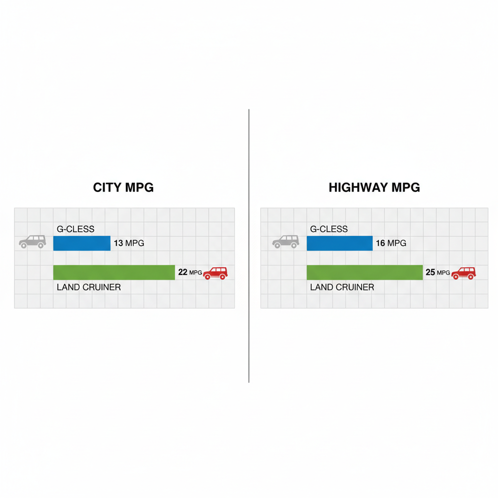 Diagram comparing city and highway MPG: G-Class lower in both vs higher Land Cruiser city MPG.