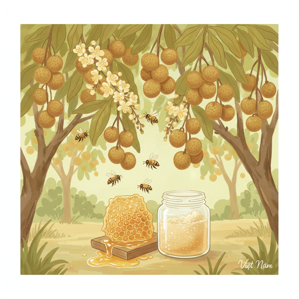 Minh họa vườn nhãn với ong lấy mật và đặc điểm mật ong hoa nhãn nguyên chất.