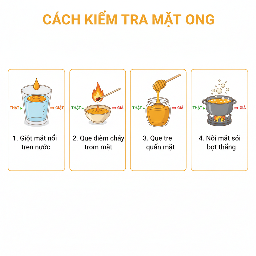 Sơ đồ 4 phương pháp kiểm tra mật ong thật giả tại nhà.