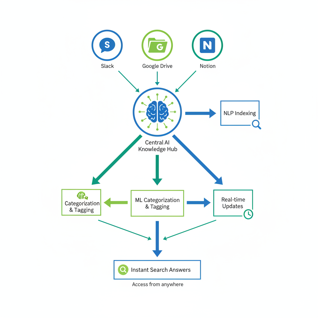 Flowchart diagram illustrating the AI process for aggregating, indexing, and querying team documents from multiple sources.