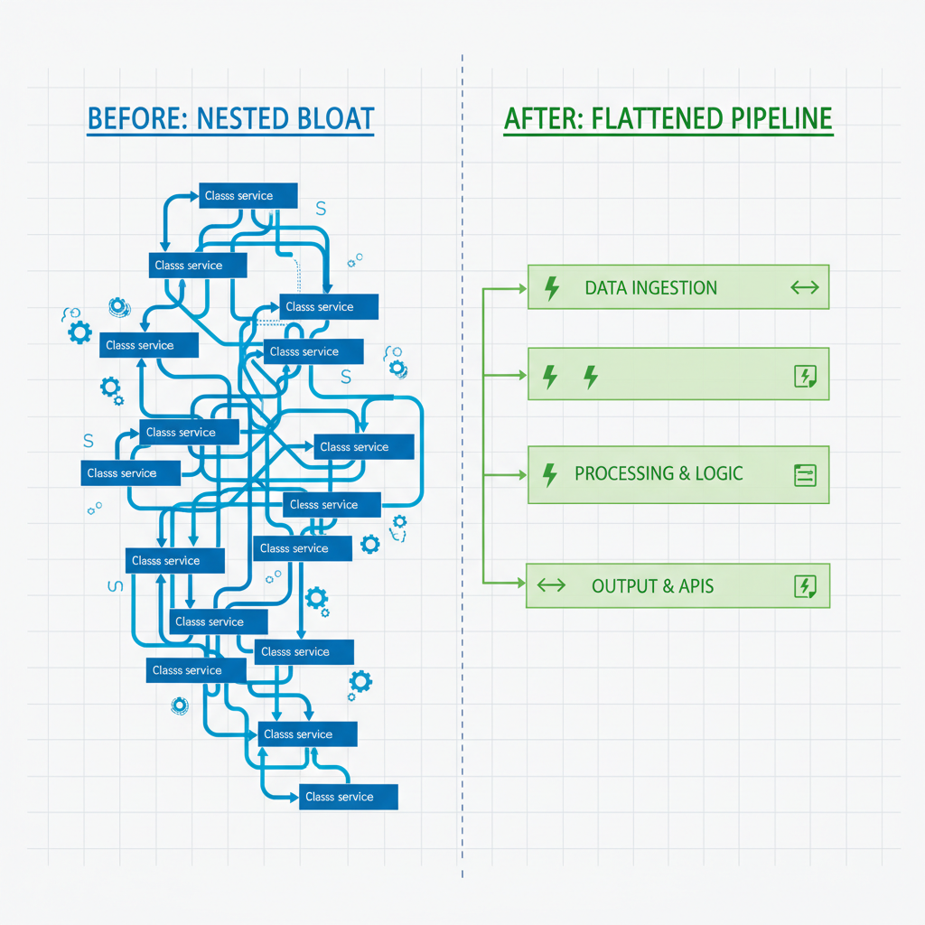 Diagram contrasting deeply nested system architecture (left) with flattened modular layers (right).