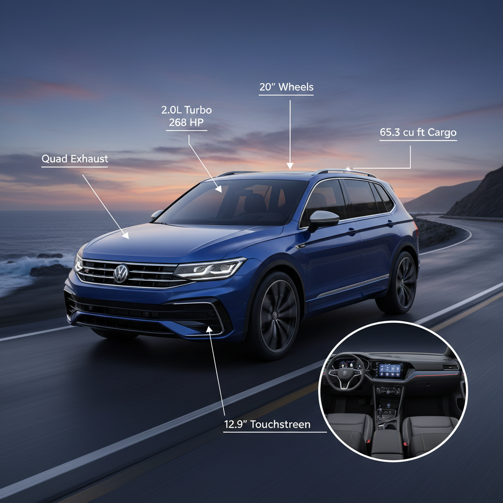 Illustration highlighting the 2025 VW Tiguan R-Line's sporty exterior design, performance features, and advanced interior technology.