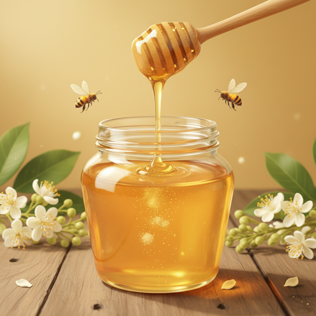 Minh họa hũ mật ong hoa nhãn tự nhiên thể hiện màu sắc, độ chảy, kết tinh và độ sạch.