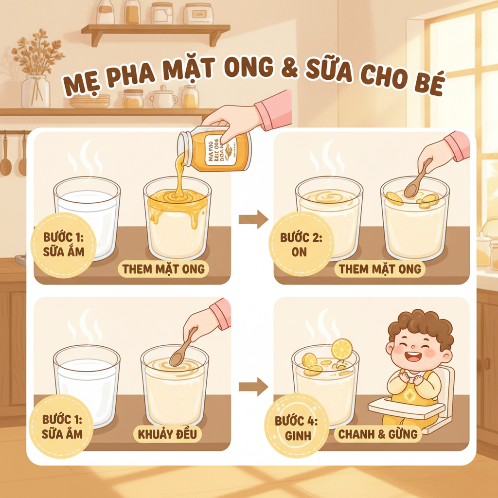 Hình minh họa các bước pha mật ong với sữa cho trẻ