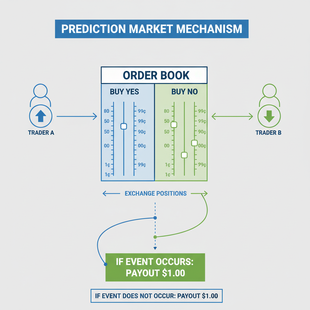 Diagram illustrating the mechanics of a prediction market with buy/sell shares and payouts