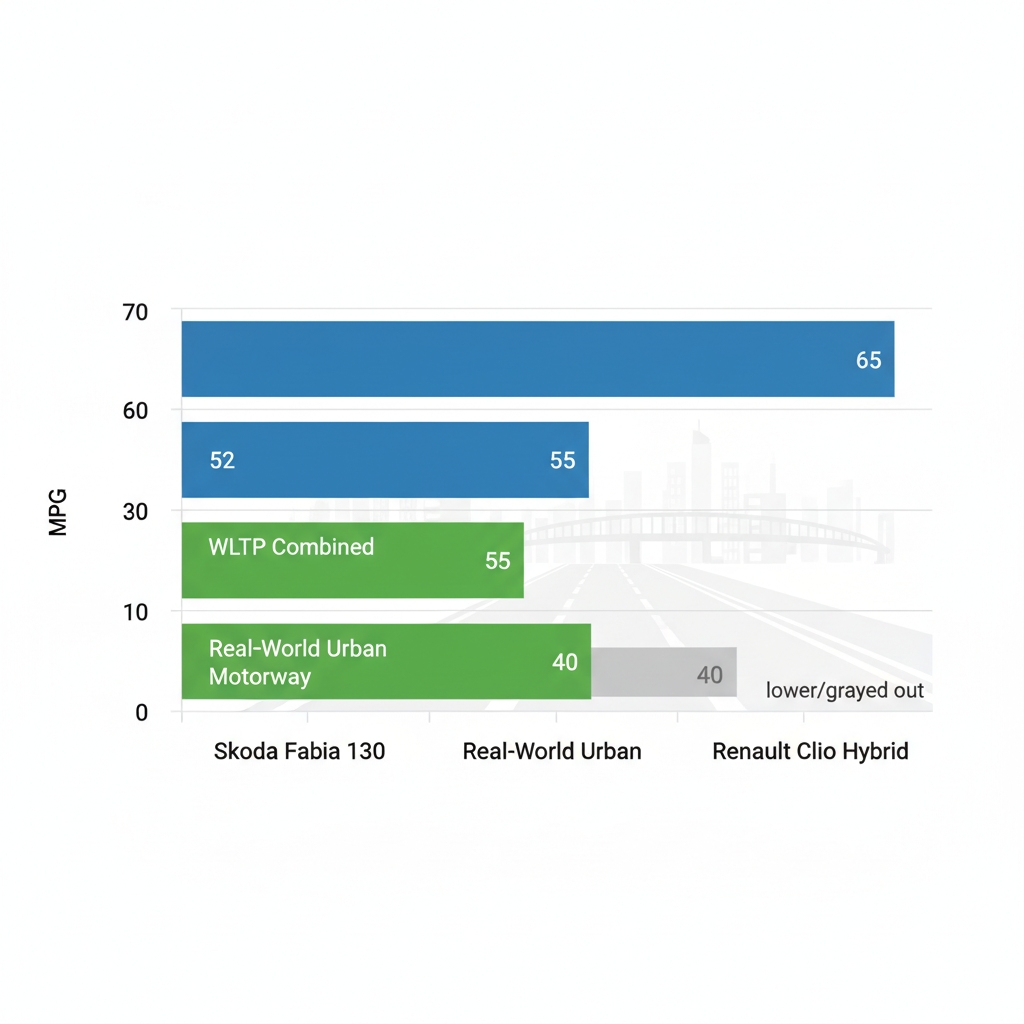 Bar chart diagram comparing fuel efficiency (MPG) of Skoda Fabia 130 and Renault Clio hybrid across WLTP, urban, and motorway driving.